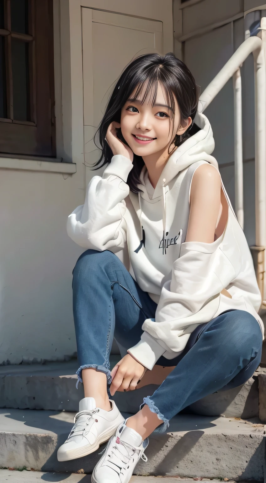 highest quality, Realistic, Very detailed, Finer details, High resolution, 8k wallpaper, One beautiful woman,Sit on the stairs、(Wear black socks)smile、(Beautiful teeth alignment、)(Gums are visible) Oversized hoodie, Skinny jeans,( Black sneakers)、Black Hair、 Beautiful Bangs、ear piercing、Perfect dynamic composition, Beautiful and detailed, Full Body Shot, A big smile