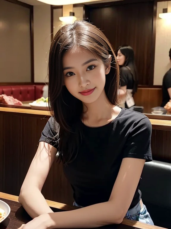 ((smallunderboob,small heads)), (Well-defined abs: 1.1), (perfect bodies: 1.1), (short-length straighthair: 1.2),long brown hair, upper body photos, attractive collarbone，（Extremely detailed CG 8k wallpaper），（Extremely refined and beautiful），（Masterpiece），（best qualtiy：1.0），（Ultra-high resolution：1.0），beautiful light up，Perfect lightning，realistic shaded，[A high resolution]，Smooth and flawless fair skin，ultra - detailed ，Elongated legs，flatchest，Slim，emaciated，Smile，cheerfulness，（Black short-sleeved T-shirt:1.1），（Blue checkered maxi skirt：1.1），White sandals，Summer，night，At the hot pot restaurant,A bustling restaurant，warm  lights，Sitting on a chair by the dining table，Close-up，Double-flavor hot pot，A plate of vegetables，Two plates of meat，A cup of  tea，saucer，bowl，chopsticks in the right hand，dining