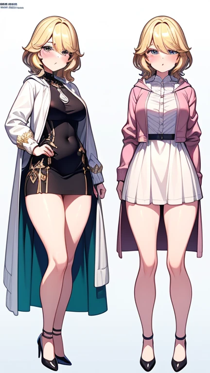 1 girl, solo, (((mature woman))), (((full body))). medium hair, blonde hair, medium breasts. (((perfect detalied face))), (((very exaggerated puffy cheeks))), (((very exaggerated pout))), mouth, full lips, closed mouth, blush. Perfectly detailed eyes, crying, almond eyes, aquamarine eyes, tears. dress, white and green dress, pink jacket, open jacket, puff sleeves, long sleeve, hood. standing, legs apart, wide thighs, medium hips. stockings, black heels. High resolution image, 8k quality, perfectly intricate details, (((perfectly detailed illustration))), 3d anime style, looking at viewer, frontal view, same character, same outfit.