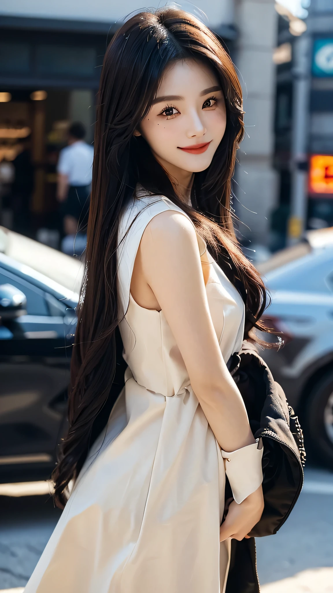 ​masterpiece、top-quality)、1 beutiful girl、((Wearing black sunglasses )), (Detailed beautiful eyes), ((Detailed skin)) , ((Detailed medium hair)), Walk around the store、((Boyish Brown Medium Hair))、((Smaller face))、((Neutral face))、((Face seen from the side))、((Light brown eyes))、((Korean Girl))、((18year old))、((cool lady))、((A shy smile on his face))、((Korean Makeup))、((elongated and sharp eyes))、((Happy dating))、((boyish))、((Shot from the same height as your face)、), ((CG rendering)), ((Blurred background)), ((16K)),  ((Very detailed)), ((wallpaper)), ((depth of field)), ((movie light)), (( Ray tracing)).