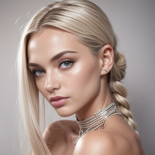 uma imagem de uma mulher jovem com cabelos platinados. Concentre-se principalmente no rosto, capturando cada detalhe delicado. Make sure that her face is perfectly symmetrical and that her skin is flawless, without any visible imperfections. Os cabelos platinados, com dredlocks, They should shine with a healthy, dazzling look. A imagem deve ser um retrato de busto, with the model looking directly at the camera, Conveying confidence and beauty. Por favor, Pay attention to the smallest details, ensuring that this image is a visual representation of perfection."