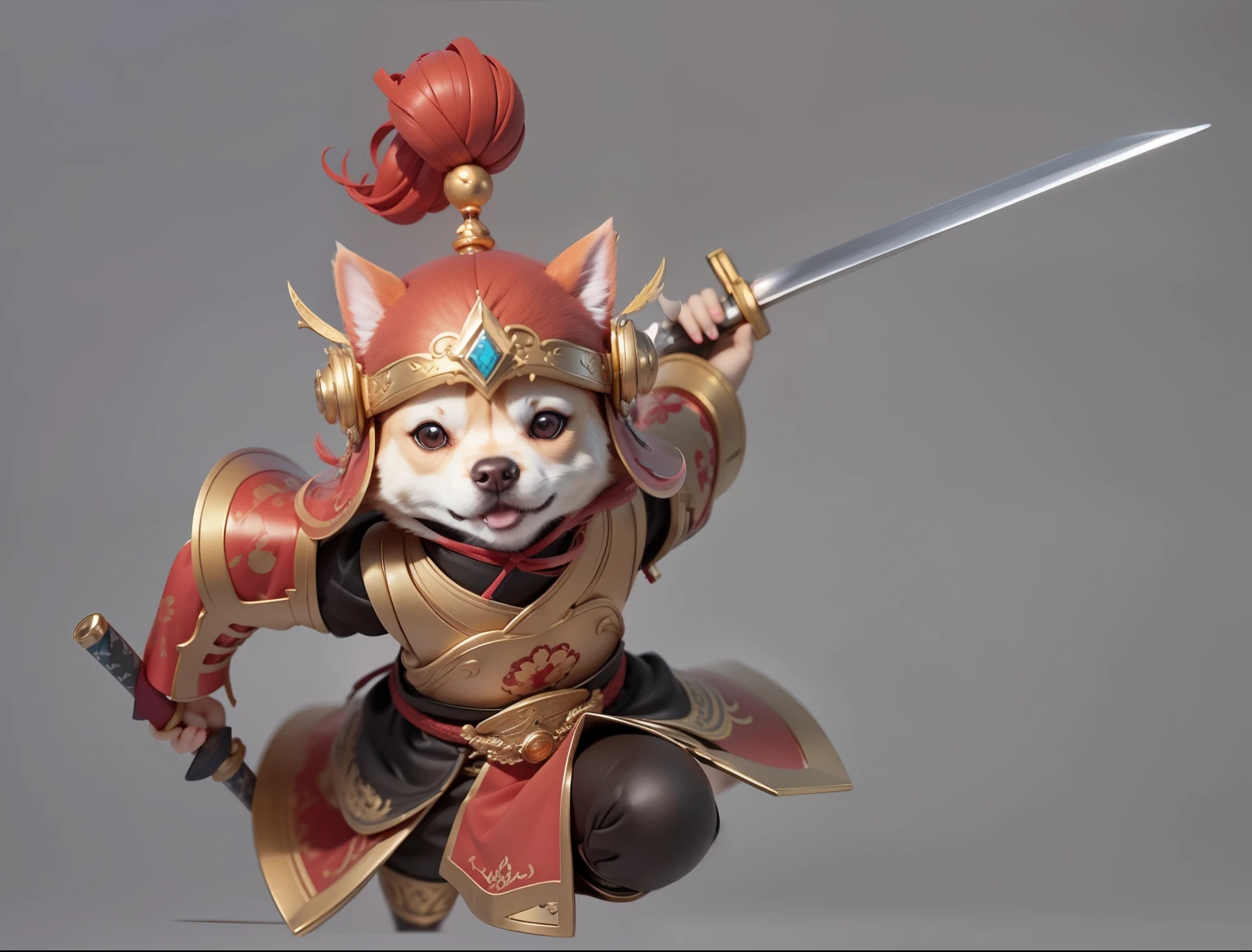 (Samurai dog,Chinese gold helmet and armor,Red nails,Red mane on head。Holding an iron sword)Refinement,European and American cartoons,of lights,Clear structure(8K,Optimal quality,masterpiece:1.2),Ultra Detailed,Optimal quality,Ultra-high resolution,专业illumination,Photon Mapping,Radiosity,Physically Based Rendering,illumination,Depth of Field,Clear focus,Sunlight,Well composed,(Ulzzang-6500:1.2) Mix 4, hiqcgbody,