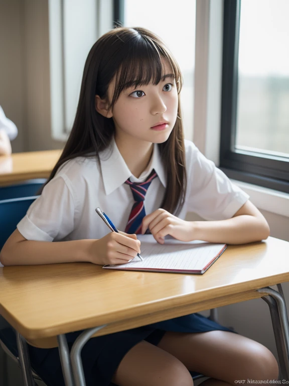 masutepiece, Best Quality, 1girl in, Looking at Viewer, , School, School Desk,, Solo,