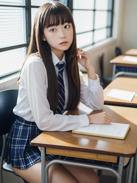 masutepiece, Best Quality, 1girl in, Looking at Viewer, , School, School Desk,, Solo,
