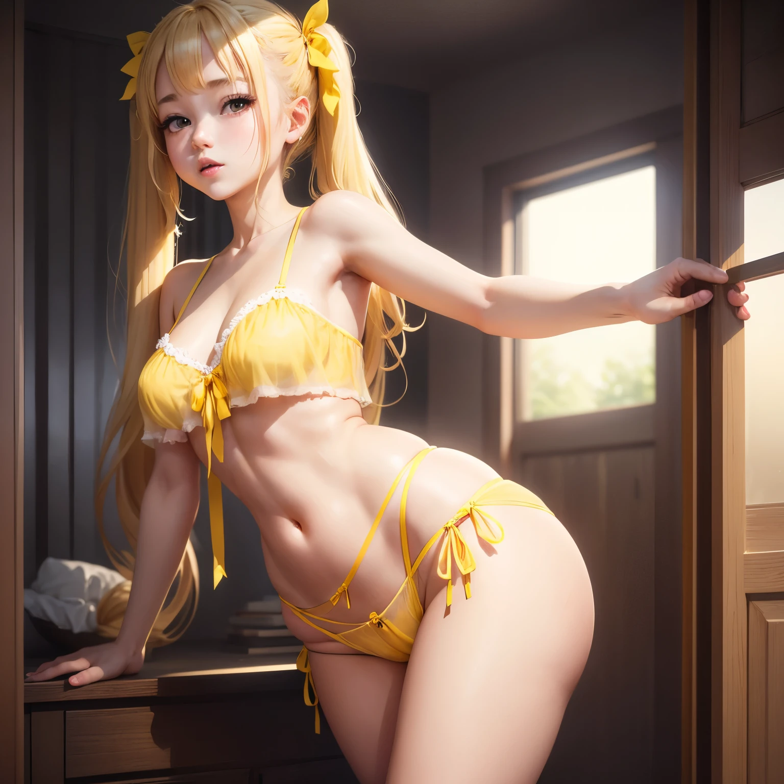 Blonde、Beautiful young woman、Twin tails、Yellow ribbon hair accessory、Sheer clothing、Exposed skin、Transparent 、Thong、Butt、bebutton、side spread、open