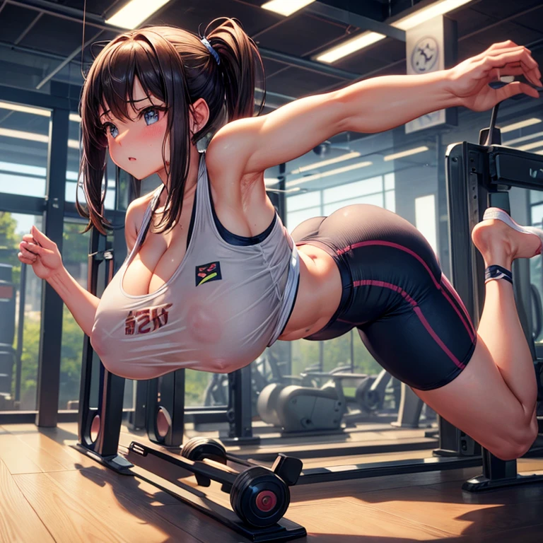 Training Gym、((Running machine、Run))、Training on a running machine、girl、Yoga Wear、Camel Toe、Giant tit、Nipple Puffs、Cleavage、Plump、Super big breasts、Super big butt、Full body photo、