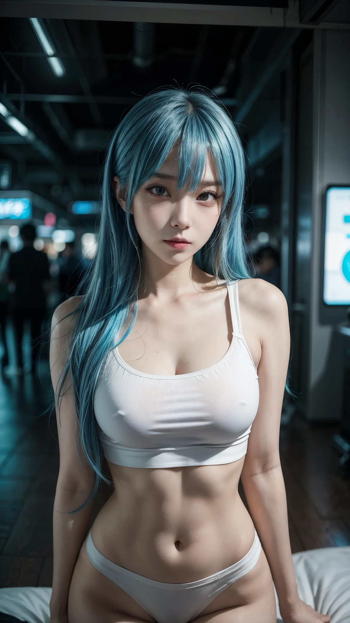 there is a woman with a blue hair and a white top, anime girl cosplay, inspired by Leng Mei, photo of slim girl model, anime girl in real life, seductive anime girl, cyberpunk 2 0 y. o model girl, chinese girl, female cyberpunk anime girl, photo of slim girl, beautiful cyberpunk woman model, anime cosplay, cosplay photo, cosplay