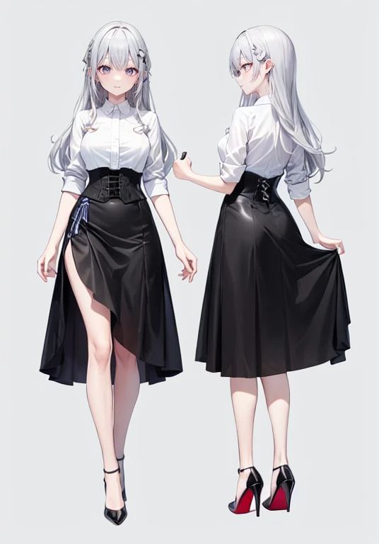 silver hair,Long hair,Adult female,Bartender,((Rolling up your sleeves shirt)),(Corset),(Tight skirt),High heels,((Simple background)),Smile,((Full body)),((whole body)),Character Sheet,