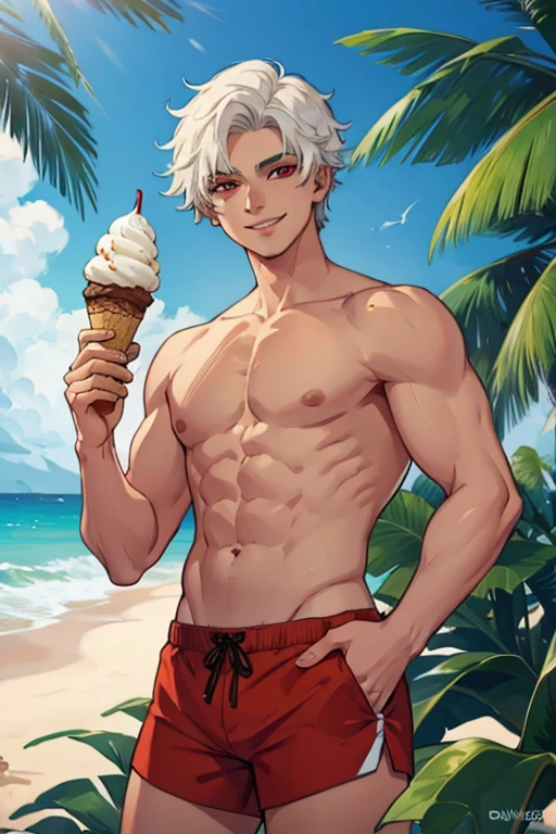 A young white haired man with red eyes in a swim trunks is smiling with an ice cream cone at the beach