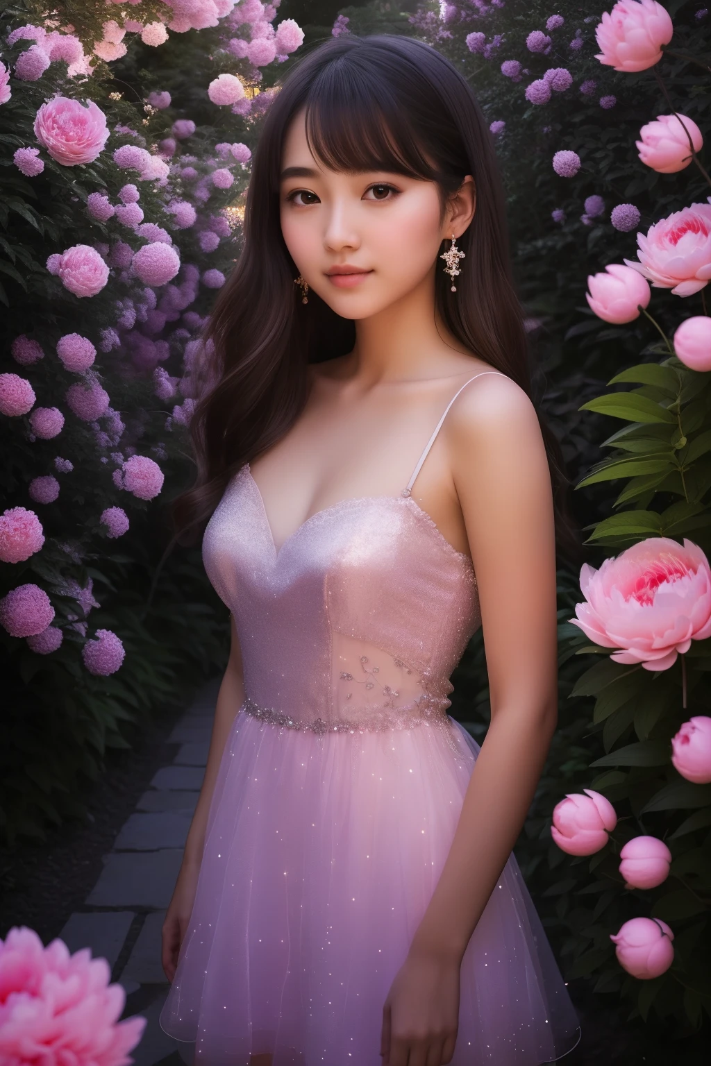 In the soft glow of the twin moons, a gentle girl of astonishing beauty stands amidst the enchanted depths of a peony-filled garden. Her mini dress, adorned with a sparkling zipper, clings gently to her form. Her brown hair cascades softly over her shoulders, illuminated by the moonlight's scarlet and sapphire hues. Nature weaves its magic around her, as myriads of fireflies dance among the foliage, casting an ethereal luminescence over the scene. The girl's countenance, captured in the frame, is flawless - her eyes, drawn with unparalleled accuracy and detail,