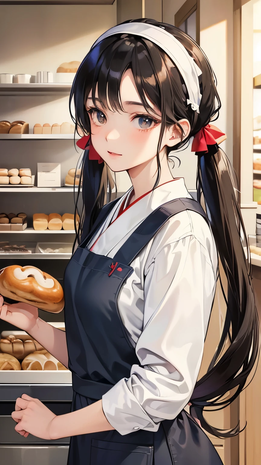 beautiful face, top quality, natural light, shiny skin, detailed skin, detailed face, detailed eyes, beautiful Japanese girl, black hair, twintails, red hairband, ((Bakery, Bakery clerk)), white shirt, (apron), denim pants