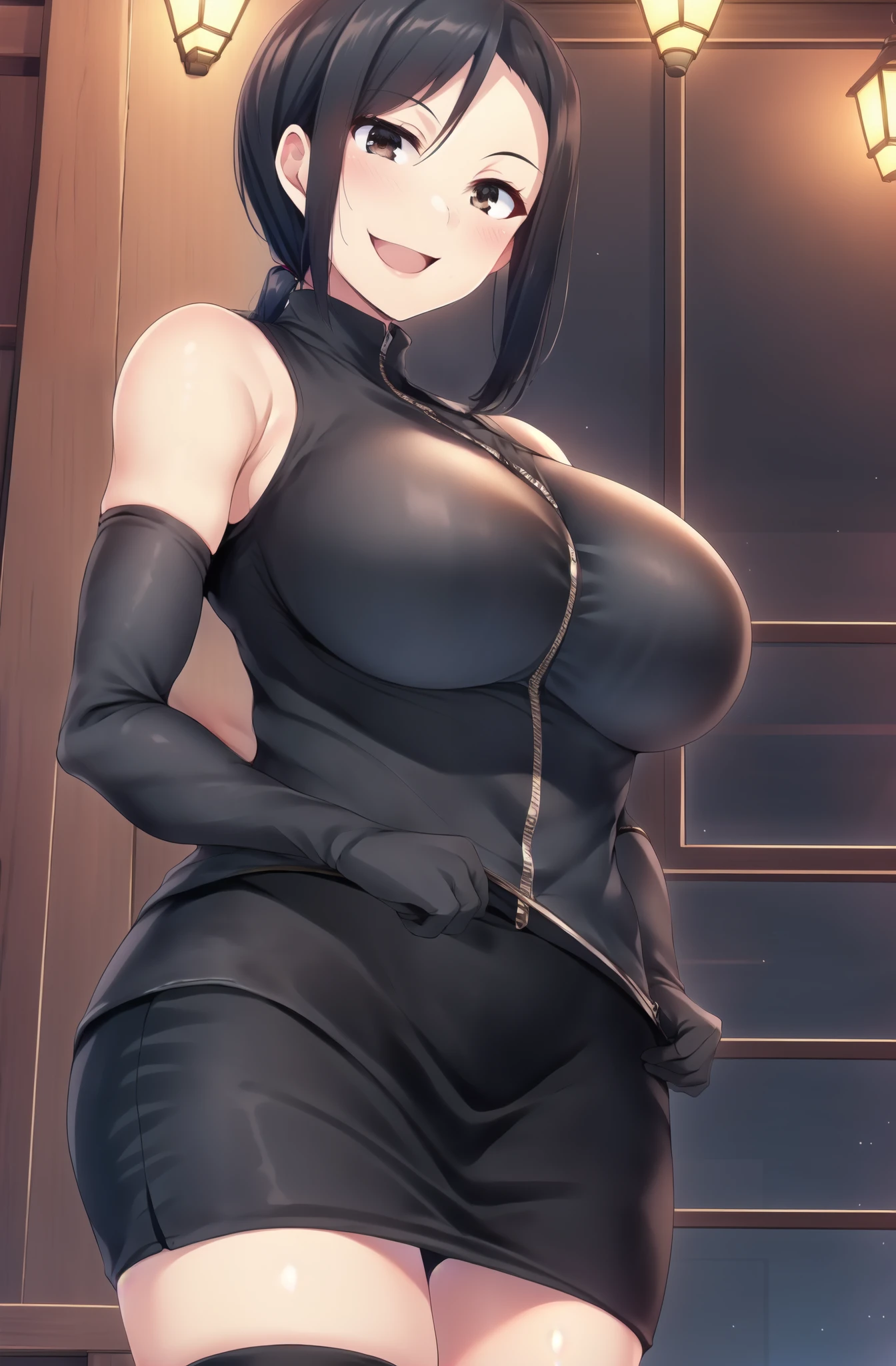 iskh_style, :d , master piece, brown_eyes, zipper, Japan, Tokyo, black shirt, elbow gloves, CityView, Before Window, Standing at attention, mature eyes, smile,   , black miniskirt, ((black skirt)), black_hair, Bangs, low ponytail, 1 girl, large breast, , 4k
