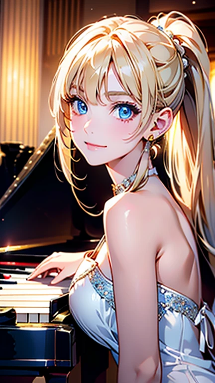 Best quality , masterpiece, Portrait、、Bright expression、ponytail、Young, shiny, white, glossy skin、Gloss Face、Shining Cheek Gloss、Small Face Beauty、The best beauty、The dazzling light of blonde hair、Bright blonde hair with dazzling highlights、Very beautiful shiny light blonde hair、super long silky straight hair、Her shiny, beautiful bangs are covering her eyes.、Sparkling, clear, attractive, bright, large, pale blue eyes、Very big eyes、eyeliner、very beautiful lovely cute 16 year old girl、Ample Bust, upper body , smile , ((((pianist , dress ))))