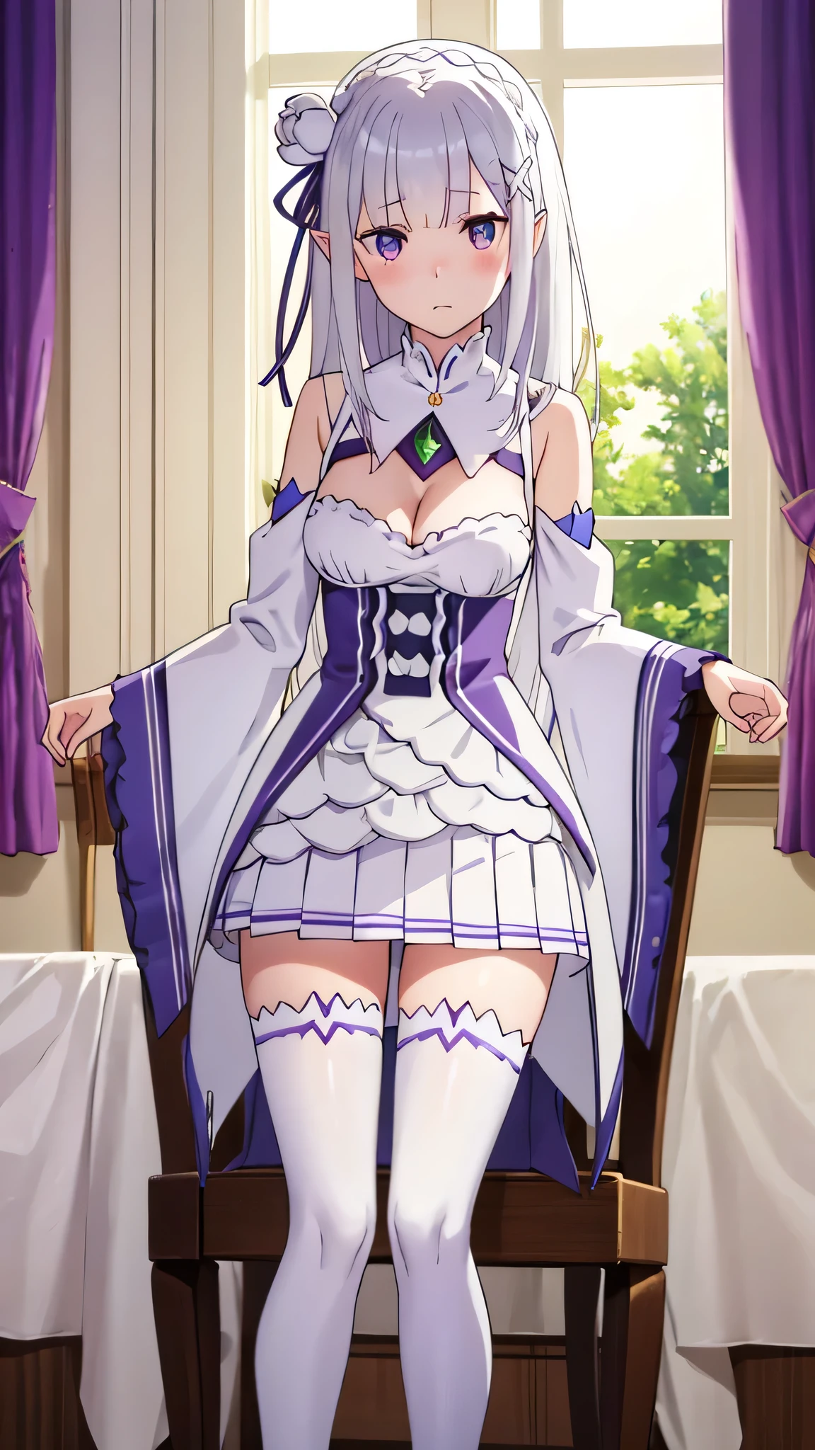 {{{masterpiece}}}, {{{best quality}}}, {{ultra-detailed}}, {illustration}, {{an extremely delicate and beautiful}}, 8k,NSFW, Emilia(Re:Zero), phemilia,1girl, purple eyes, long hair, x hair ornament, white hair, white rose, tiara, braid, low-tied long hair, very long hair, blush, elf, chest, cleavage,  detached sleeves, dress, frills, frilled sleeves, long sleeves, wide sleeves, white dress, white skirt, pleated skirt,  white apron, white thighhighs, gem, thigh boots, thighs, zettai ryouiki