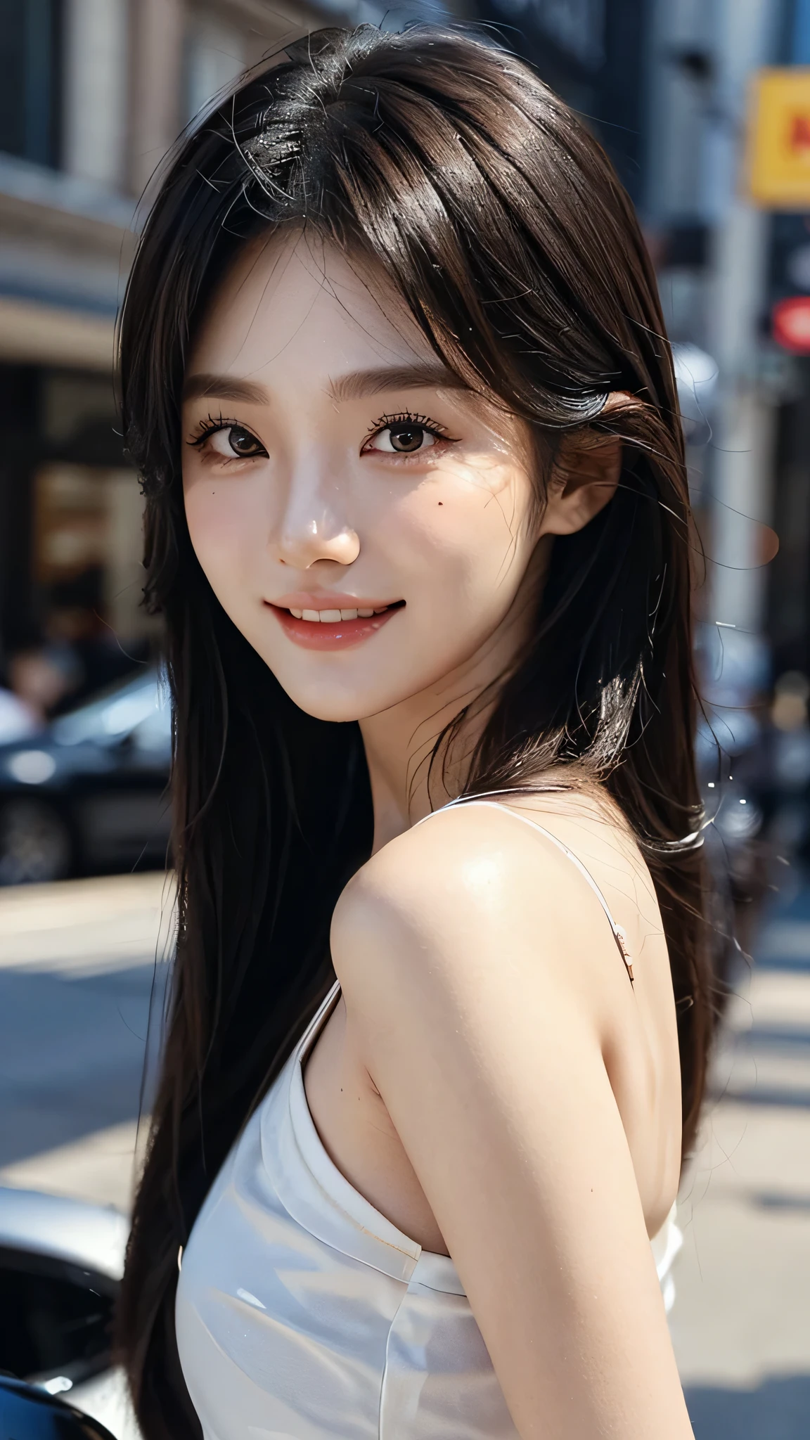 ​masterpiece、top-quality)、1 beutiful girl、((Wearing black sunglasses )), (Detailed beautiful eyes), ((Detailed skin)) , ((Detailed medium hair)), Walk around the store、((Boyish Brown Medium Hair))、((Smaller face))、((Neutral face))、((Face seen from the side))、((Light brown eyes))、((Korean Girl))、((18year old))、((cool lady))、((A shy smile on his face))、((Korean Makeup))、((elongated and sharp eyes))、((Happy dating))、((boyish))、((Shot from the same height as your face)、), ((CG rendering)), ((Blurred background)), ((16K)),  ((Very detailed)), ((wallpaper)), ((depth of field)), ((movie light)), (( Ray tracing)).