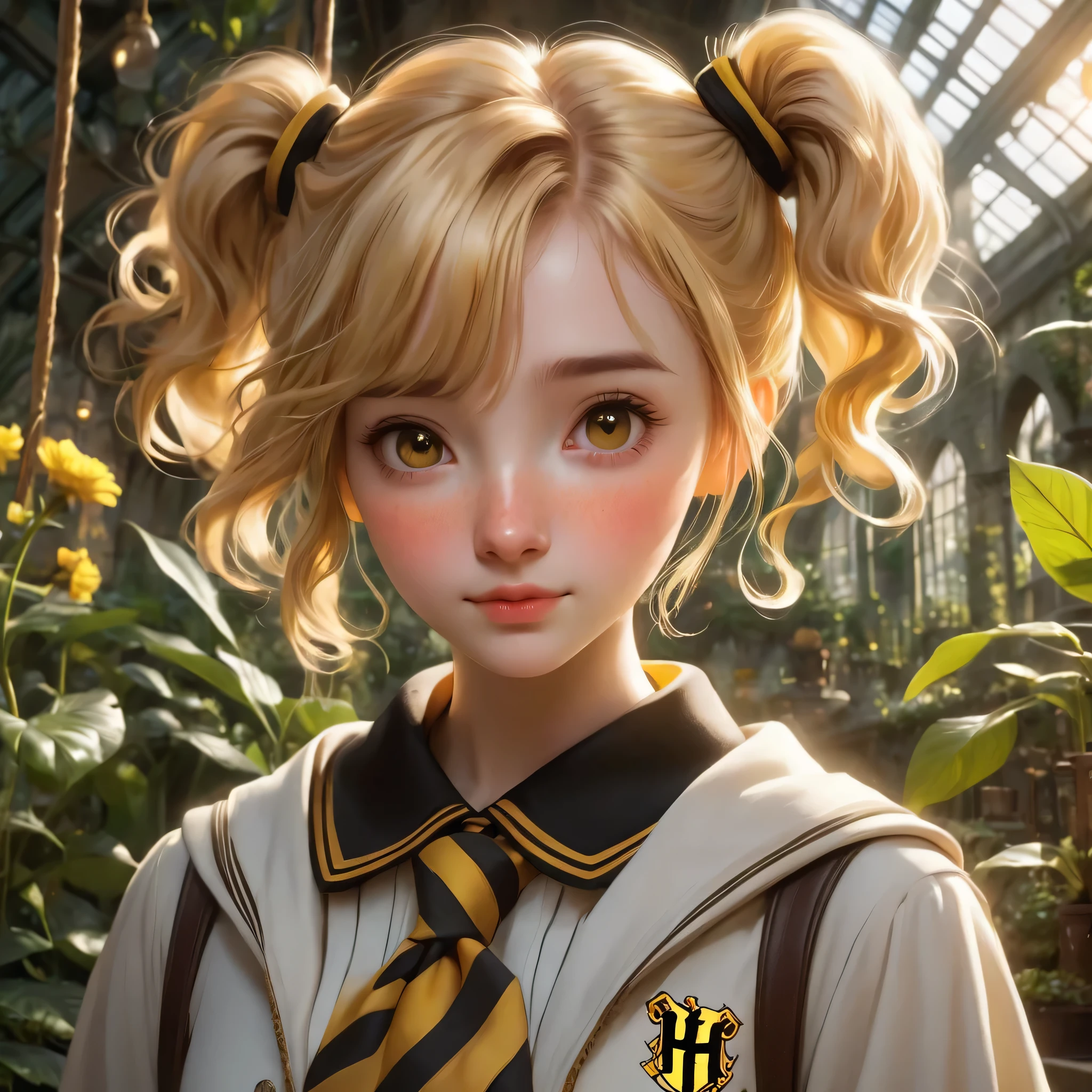 best quality, Masterpiece, Hogwarts students, Hufflepuff, Short hair with high twin tails., I have short, golden-blonde twin tails., serious, Very naughty, cute and bright, Freckles on the face, along with her adorable puppy, detailed brown eyes, detailed face, Fine skin, The background is in Hogwarts Greenhouses., soft light, mysterious, soft shadow, detailed texture, dynamic light,