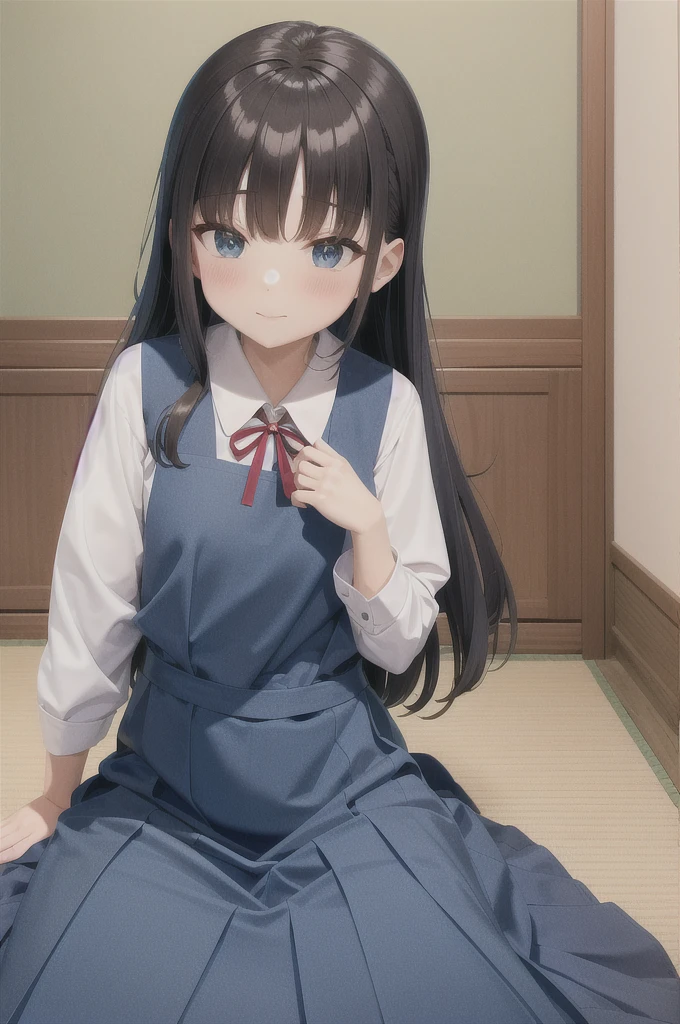 The dress is lying on a green mat, school uniform, JK Uniform, The entire subject in the photograph, japanese school uniform, Long dress with apron, Blue Uniform, japanese girl school uniform, magical school student uniform, Avant Uniform, seifuku, wearing , dress and cloth, Girl in uniform, magic