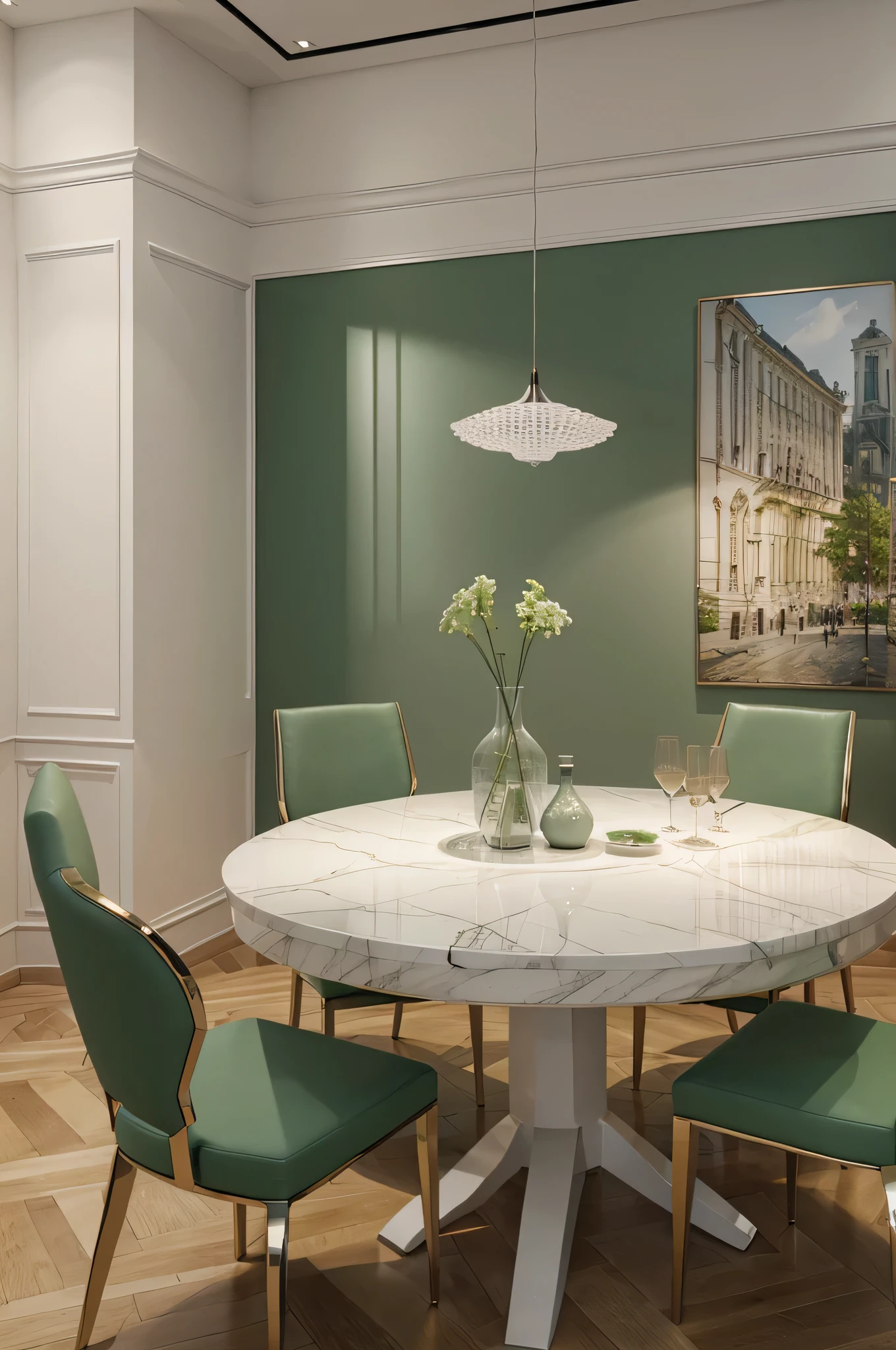 Professional 3d architecture rendering design of modern and French design for dining table with six chairs and white Paola Veronese green color stone 