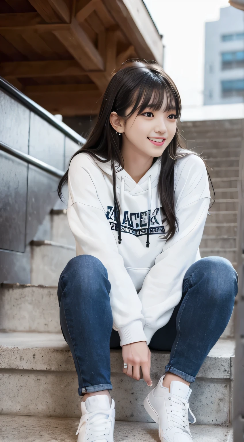 highest quality, Realistic, Very detailed, Finer details, High resolution, 8k wallpaper, One beautiful woman,Sit on the stairs、(Wear black socks)smile、(Beautiful teeth alignment、)(Gums are visible) Oversized hoodie, Skinny jeans,( Black sneakers)、Black Hair、 Beautiful Bangs、ear piercing、Perfect dynamic composition, Beautiful and detailed, Full Body Shot, A big smile