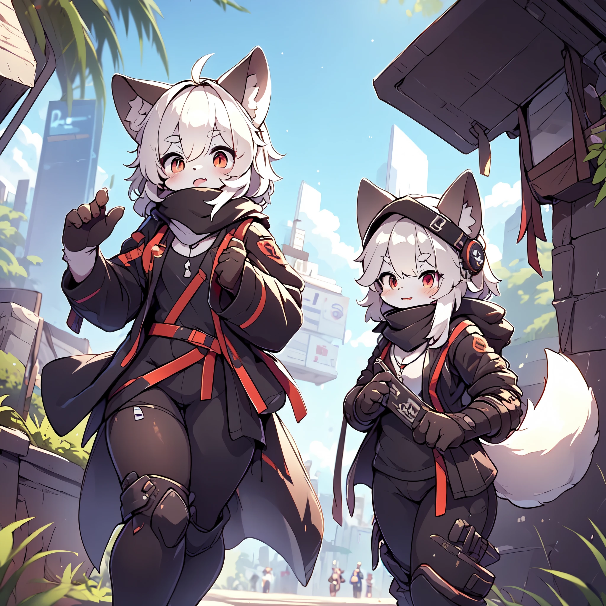 Kawaii, Striped Fluffy Fox, emaciated, long hair, 3girls, artificial synthetic skin, life support prosthetics, digital headphones, black tight latex bodysuit, white long dress, thigh-high-socks, shorts, loose off-the-shoulder hood open jacket, holsters in thigh, Mechanical boots, tactical knee pads, tactical belted loose Arm Sleeves, cybernetic Display gloves, chest rigs, tactical belts, blue archive halo, bulletproof goggles on forehead, from Ark nights, ray tracing, depth of field, bloom, masterpiece, ccurate, high details, highres
