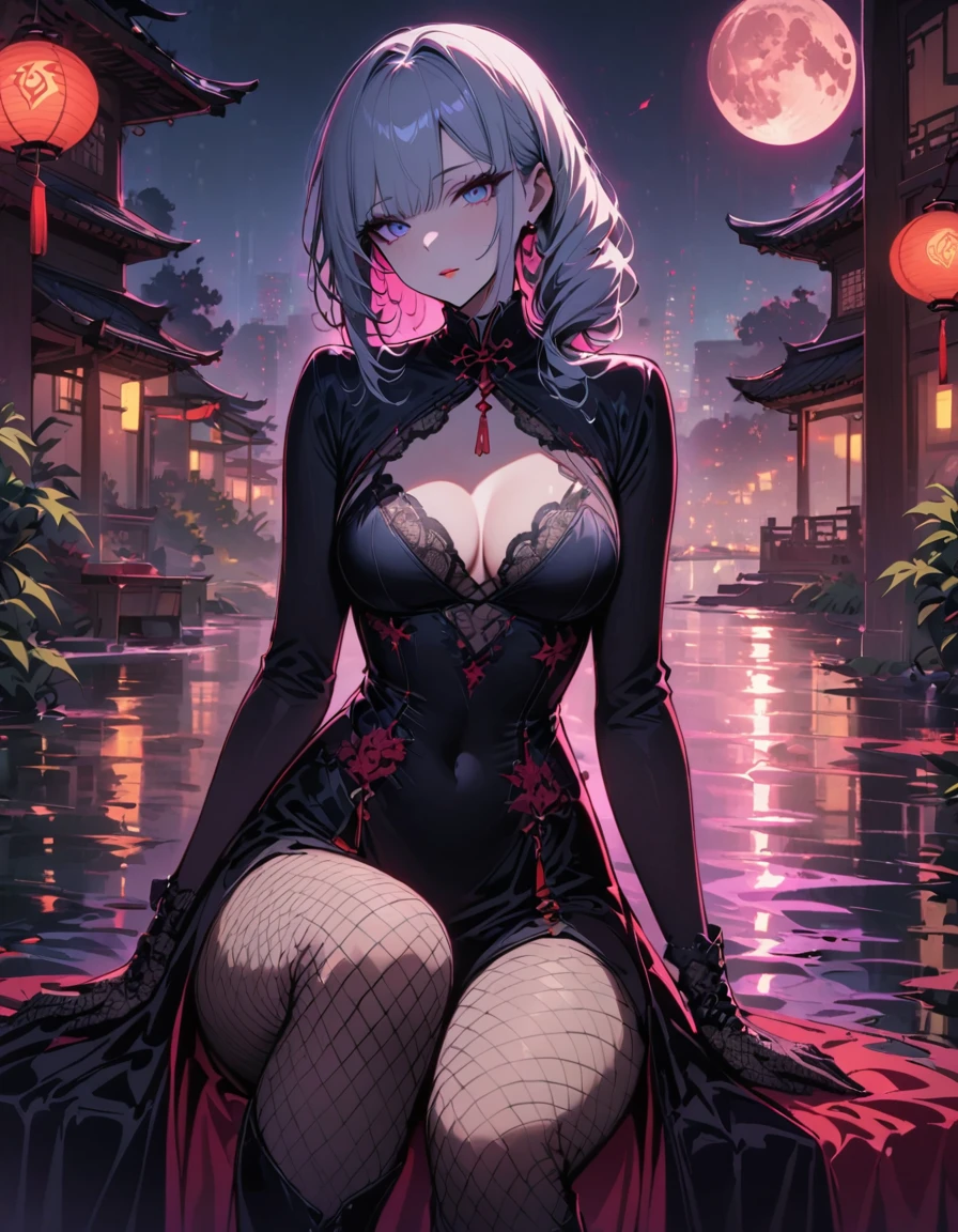 (masterpiece, best quality, highres), night, full moon, 1 adult female, solo, Chinese architecture, lake view, moon in the sky, nighttime, trees, tight Chinese lingerie, royal sister, cold face, poker face, Woman with long silver hair, pale pink lips, Fishnet tights, Calm, Knowledgeable person, three bangs, lace gloves, grey eyes, facial details, beautiful eyes, eyes full of details),