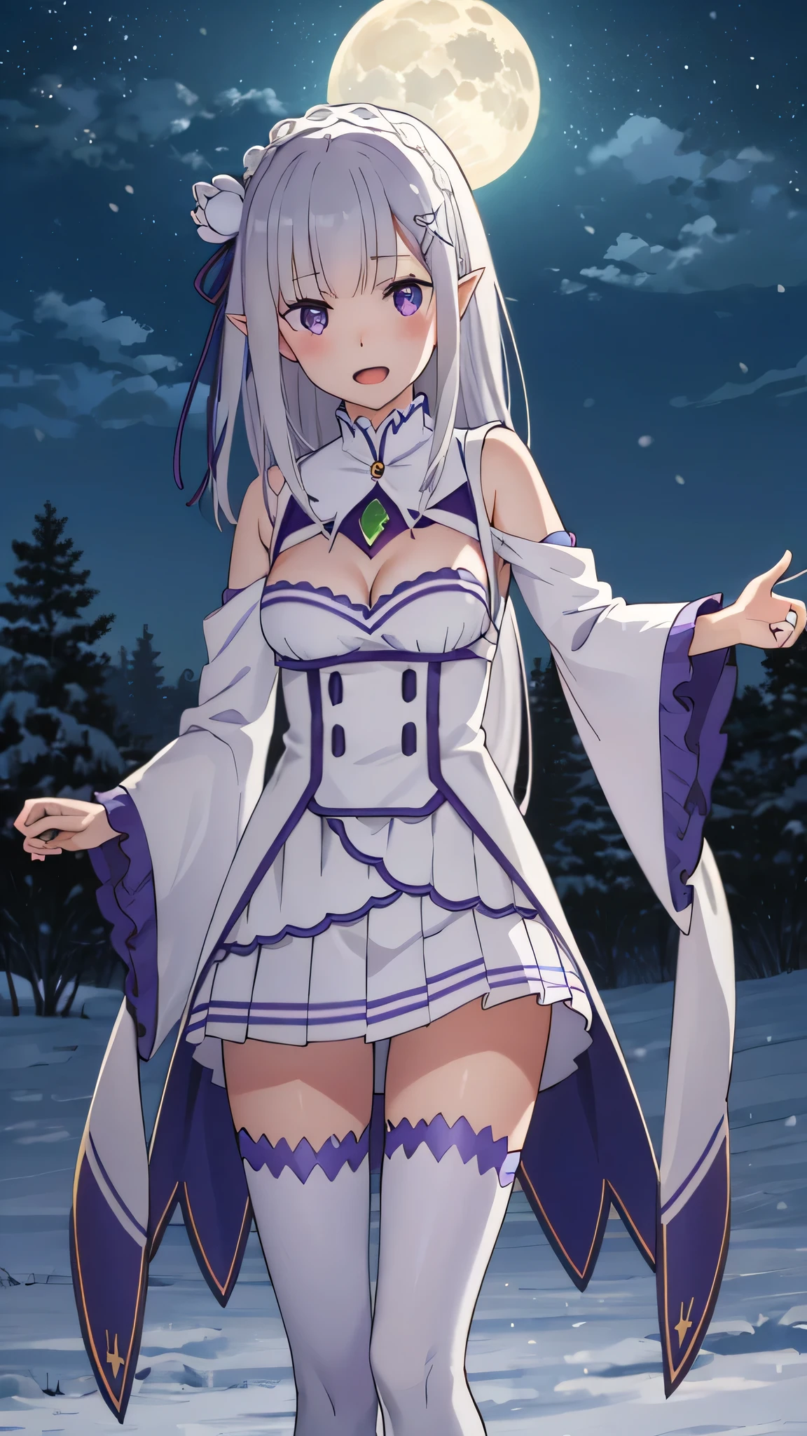 {{{masterpiece}}}, {{{best quality}}}, {{ultra-detailed}}, {illustration}, {{an extremely delicate and beautiful}}, 8k,NSFW, Emilia(Re:Zero), phemilia,1girl, purple eyes, long hair, x hair ornament, white hair, white rose, tiara, braid, low-tied long hair, very long hair, blush, elf, chest, cleavage,  detached sleeves, dress, frills, frilled sleeves, long sleeves, wide sleeves, white dress, white skirt, pleated skirt,  white apron, white thighhighs, gem, thigh boots, thighs, zettai ryouiki, BREAK, cast a spell, cute face, beautiful face, open mouth, smiling, outdoor, sky,night, snow field, field, snow, ice crystals, night sky, moonlight