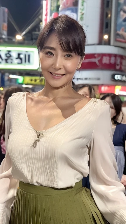 ((highest quality)), ((8K)), ((masterpiece: 1.3)), (Perfect appearance), (Photorealism: 1.6), (Japanese mature women passing by in the crowd), (Turning towards me with just her face), (Shibuya scramble crossing at night: 1.4), (In the middle of the scramble intersection: 1.2), (Detailed background), (60 years old, Japanese Mature), (Beautiful Japanese mature woman: 1.2), ((Realistic skin texture)), (Fine lines all over the skin), (Dull skin), (Moisture wrinkles on the face), (Wrinkles around the eyes), double eyelid, Tear bags under the eyelids, Looking back and smiling gently, (Short bangs: 1.2), Straight long hair, (Hair tied back: 1.2), hair with natural movement, (A wide-necked blouse and a plain long skirt: 1.4), High heels, (Full body portrait: 1.4), (Angle from the legs: 1.4),