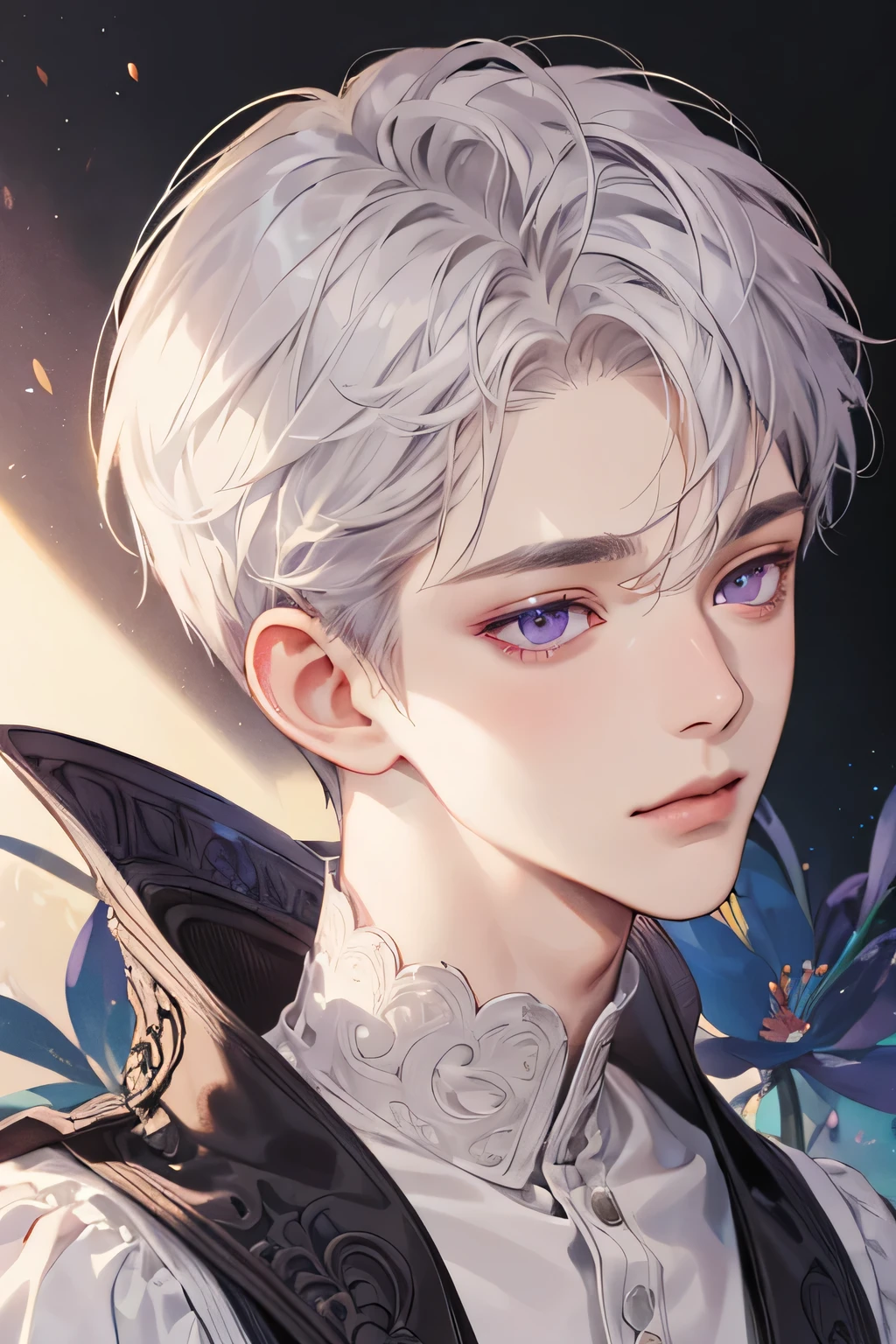 (extreamly delicate and beautiful:1.2), 8K,(masterpiece:1.0),(best_quality:1.0), 1boy, and intricate detailing, Enlarged textures, and intricate detailing, finely eye and detailed face, and intricate detailing, lilac short hair, (closed mouths), Perfect eyes, Equal eyes, purple eyes (A male god) perpect, lilac short hair,