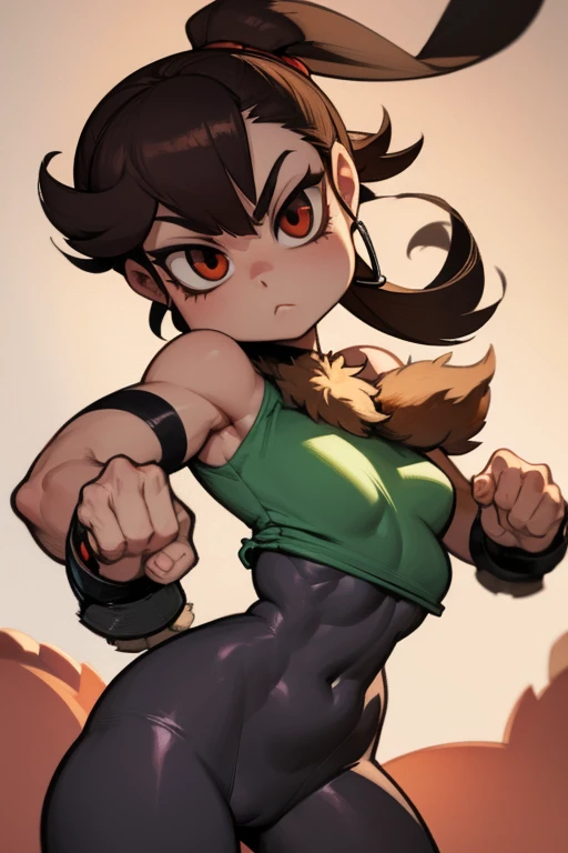 Skullgirl game art style, squirrel girl, squirrel fuse with female body, cute y outfit, game character style, dark hair, fighting mode. Fluffy body.
