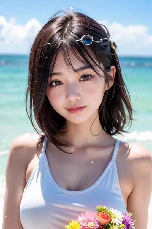 ((highest quality)), ((masterpiece)), (detailed), Perfect Face、4K、cute、Well-formed face、Marugao、、１８Year Old High ool Girl、le BBW、Large Breasts、coastal、A big smile、Date with boyfriend、goggles、Coral Reef、fish、fish群、Medium Bob Hair、Get wet、Water Play、In the sea、Dragon Ball、One Planet、
