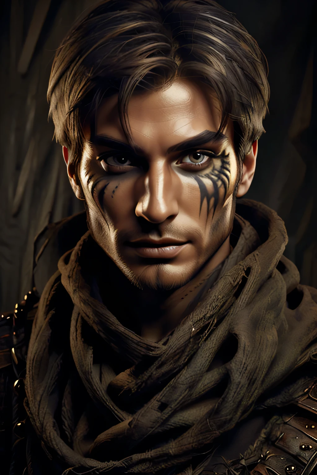 A cunning-looking hunter from a dark fantasy with a seductive facial expression and dark paint in the form of cosmetics on his face, light brown hair and brown eyes with a wide eye shape with pronounced corners, in fabric armor.