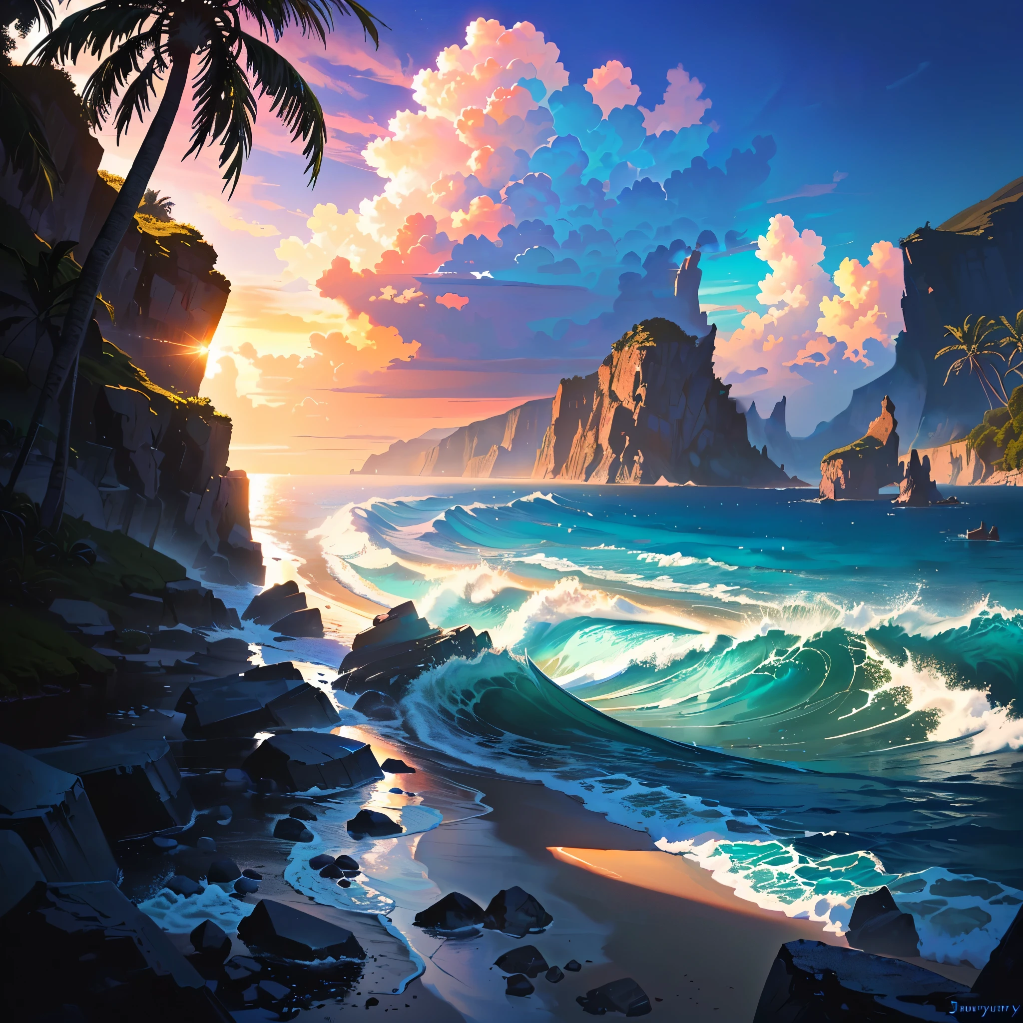 Picture of the beach, Turquoise Sea, waves, lush huge clouds, Ross Tran, scenic background, James Gurney and Andreas Rocha, conceptual art | RADS, Patrick Ching, Sylvain Sarail, James Gurney&#39;s painting style, вдохновленный RHADS, Nicolas Bouvier Sparta, Jeremy Chong