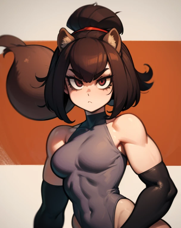 Skullgirl game art style, squirrel girl, squirrel fuse with female body, cute sexy outfit, game character style, dark hair, fighting mode. Fluffy body. 