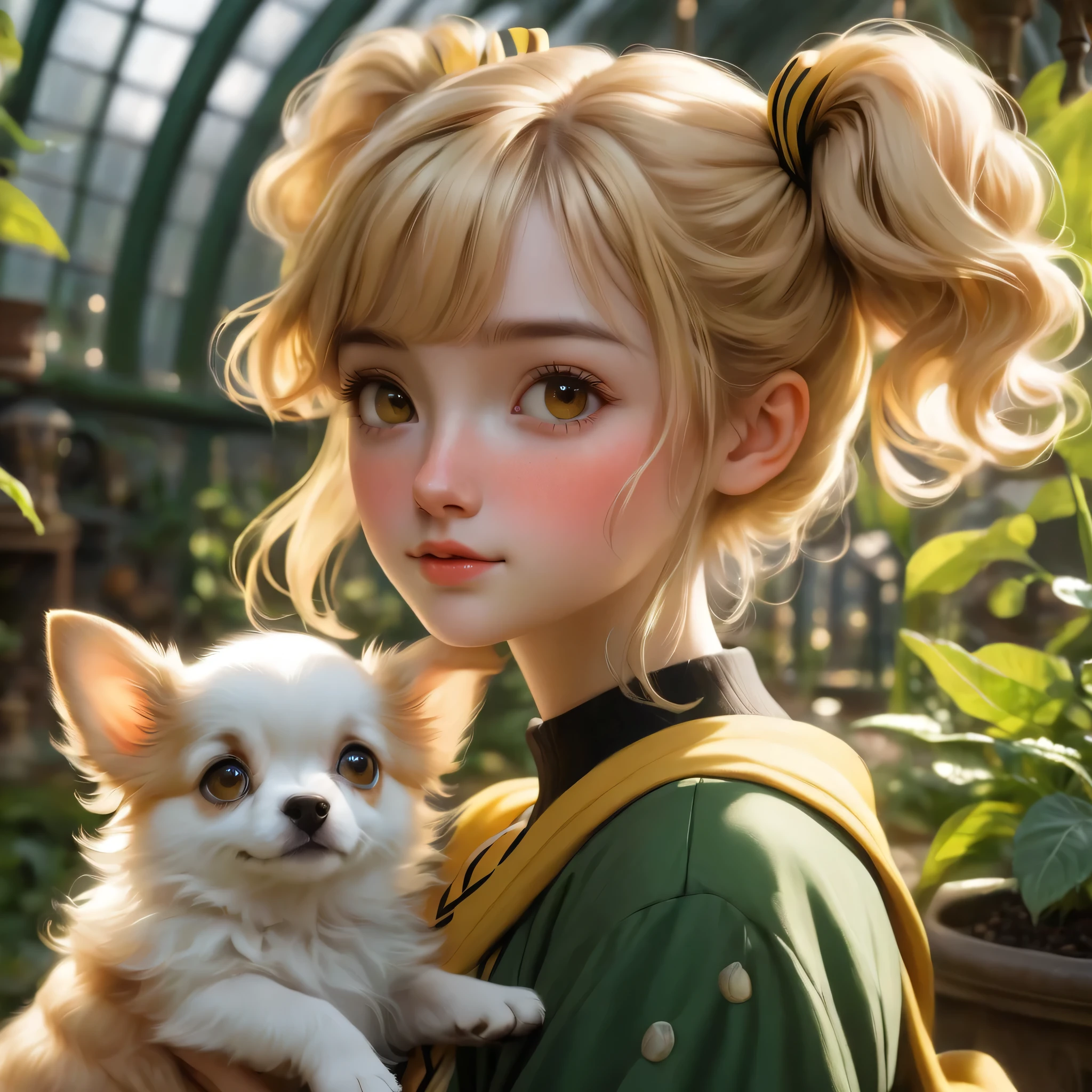 best quality, Masterpiece, Hogwarts students, Hufflepuff, Short hair with high twin tails., I have short, golden-blonde twin tails., serious, Very naughty, cute and bright, Freckles on the face, along with her adorable puppy, detailed brown eyes, detailed face, Fine skin, The background is in Hogwarts Greenhouses., soft light, mysterious, soft shadow, detailed texture, dynamic light,