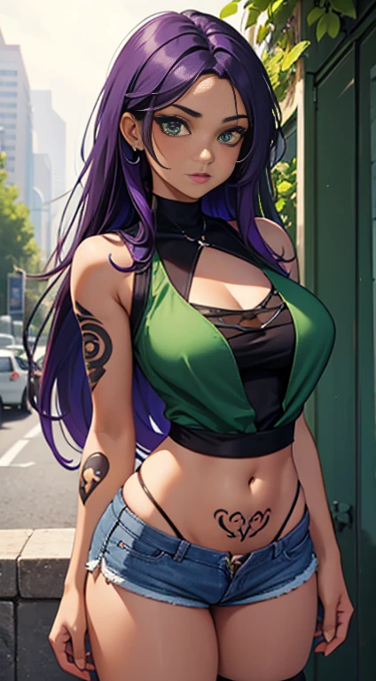 a beautiful girl with black skin color, green eyes, long purple hair, with several tattoos spread across her body, wearing short shorts, showing the definition of her thighs, and wearing a short blouse, showing her belly