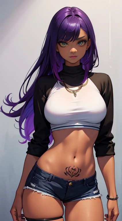 a beautiful girl with black skin color, green eyes, long purple hair, with several tattoos spread across her body, wearing short shorts, showing the definition of her thighs, and wearing a short blouse, showing her belly