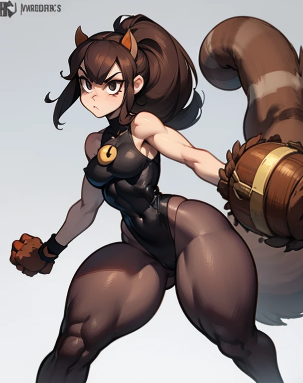 Skullgirl game art style, squirrel girl, squirrel fuse with female body, cute sexy outfit, game character style, dark hair, fighting mode. Fluffy body. 