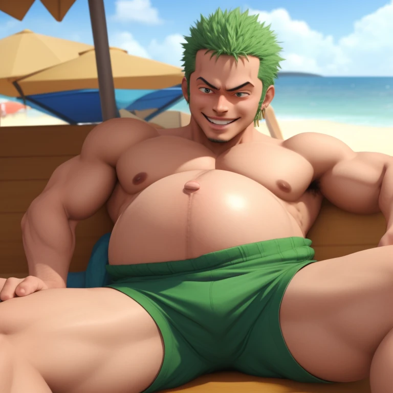 masterpiece, 3d, Roronoa Zoro, muscled, chilling at the beach, no shirt, pregnant, smiling