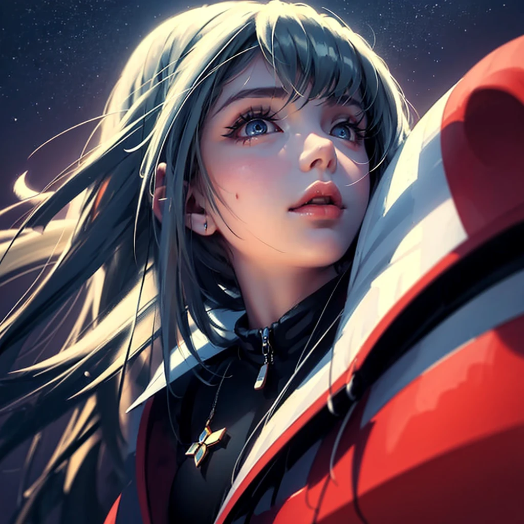 2D impressionist illustration of a Russian girl in her early 20s with ash gray hair, looking up into space in a psychedelic setting. Incorporates the style of Ilya Kuvshinov.