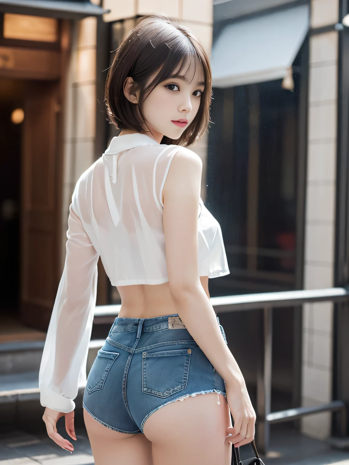 (((Very detailed , 8k wallpaper, masterpiece, High resolution, highest quality))), ((Beautiful Japanese woman, Grunge Fashion, Wearing a very see-through camisole:1.2,)),((Very short denim booty shorts)), ((Very detailed顔, Very detailed black eyes, Very detailedボディ, highest qualityのリアルテクスチャスキン)), (Short Bob Cut Hair, White skin, Exposed abdomen,Protruding buttocks), Surreal, Digital Paint,Aperture F1.4, Focus distance 35mm, Exposure compensation+1, rain