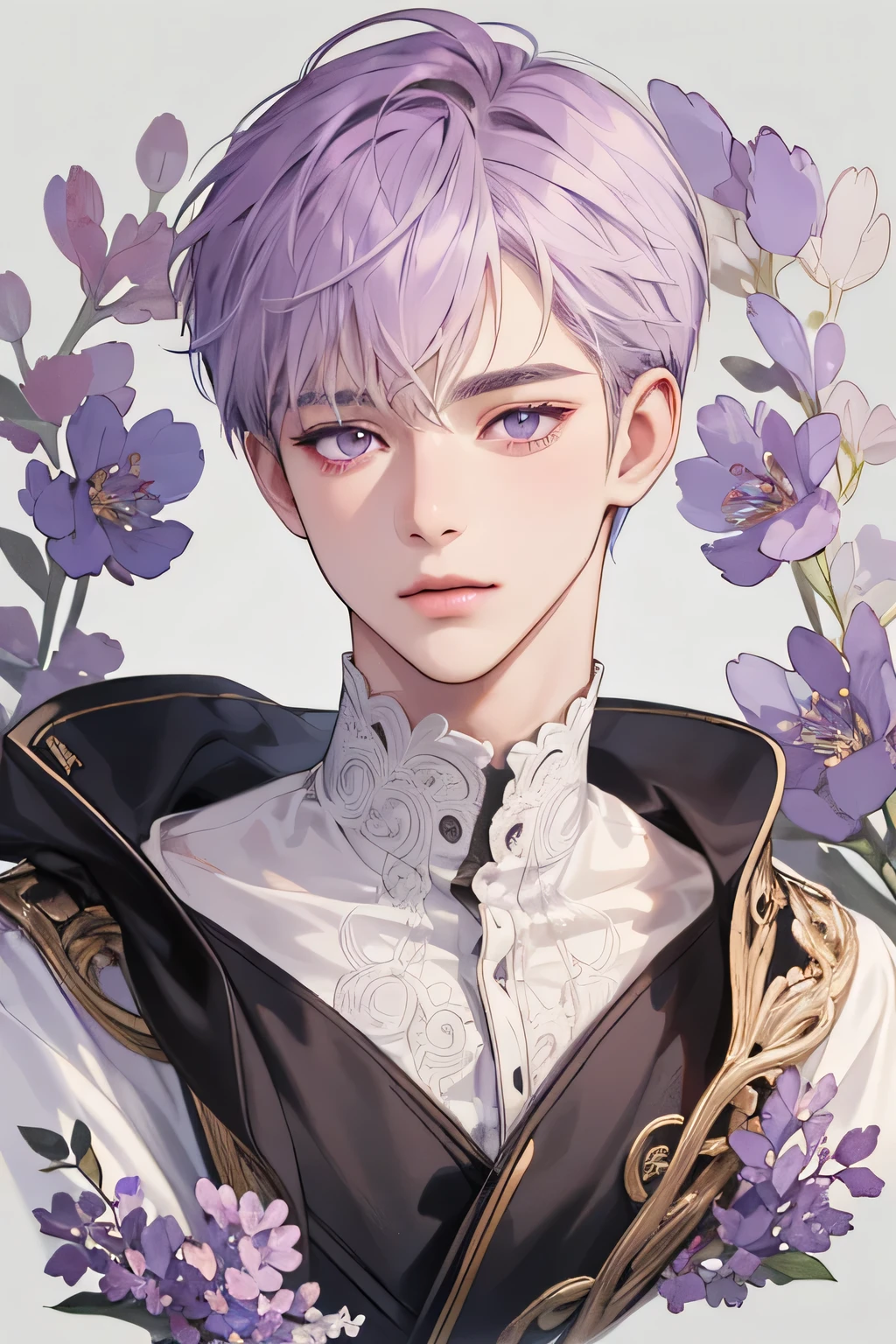 (extreamly delicate and beautiful:1.2), 8K,(masterpiece:1.0),(best_quality:1.0), 1boy, and intricate detailing, Enlarged textures, and intricate detailing, finely eye and detailed face, and intricate detailing, lilac short hair, (closed mouths), Perfect eyes, Equal eyes, purple eyes (A male god) perpect, purple short curl hair,