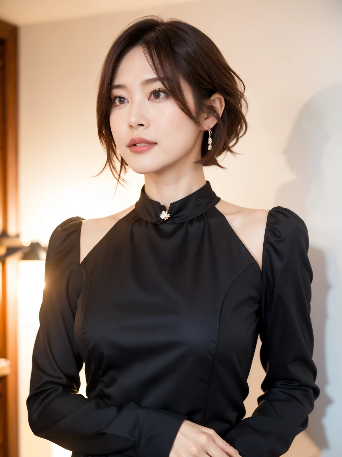 (highest quality, 8k, 32k, masterpiece, Ultra-high resolution:1.2),Beautiful Japanese Women Photos, (D cup breasts:1.4), Very short bob hair,Upper Body,Face Focus,(black formal blouse:1.4)、Black ruffled blouse,(Pearl Necklace:1.4), (Sonar room of a nuclear submarine:1.6), The viewer is looking at her from the side, Observe the audience