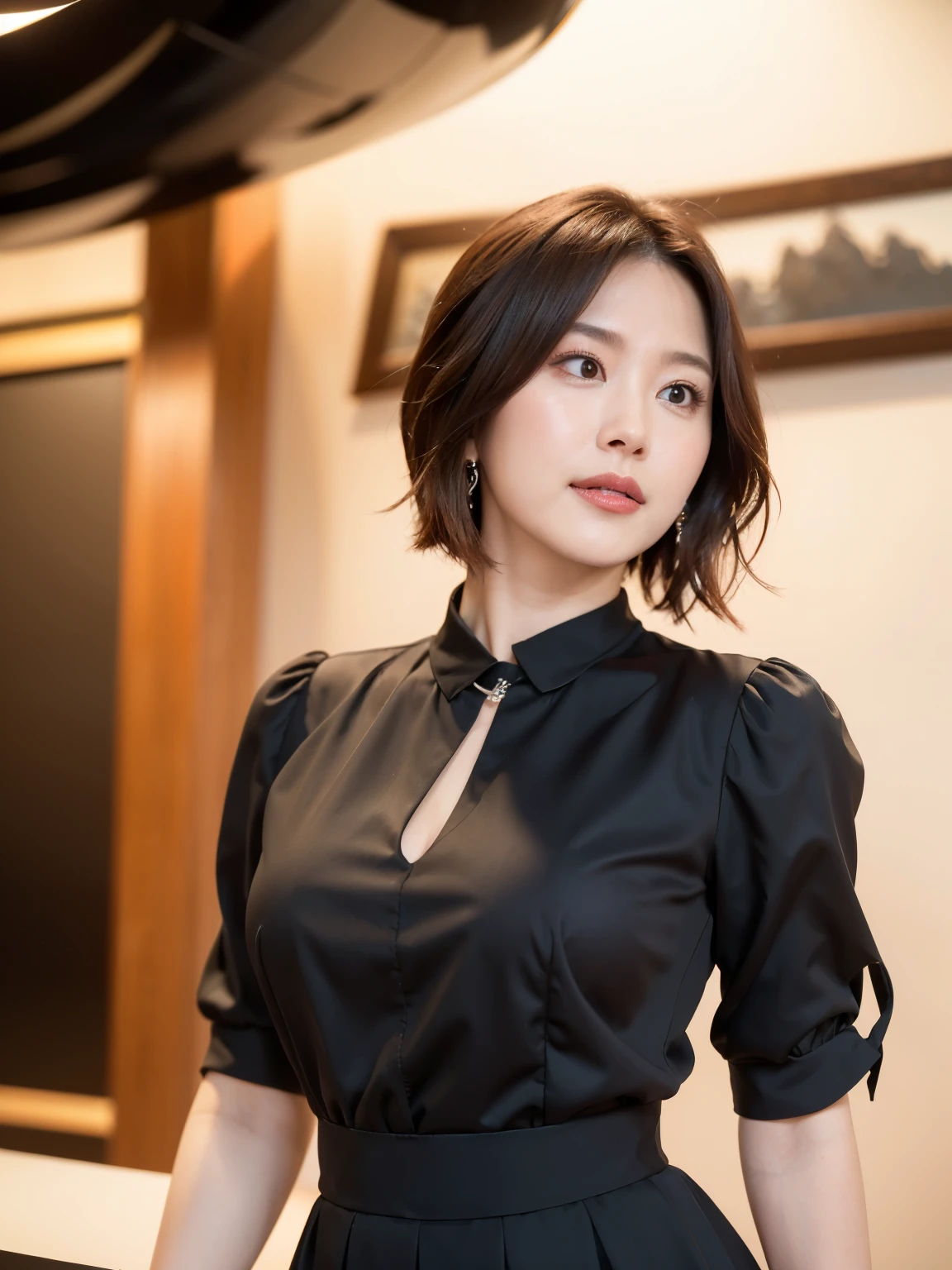 (highest quality, 8k, 32k, masterpiece, Ultra-high resolution:1.2),Beautiful Japanese Women Photos, （D cup breasts:1.4), Very short bob hair,Upper Body,Face Focus,（black formal blouse：1.4）、Black ruffled blouse,（Pearl Necklace:1.4), （Sonar room of a nuclear submarine:1.6), The viewer is looking at her from the side, Observe the audience