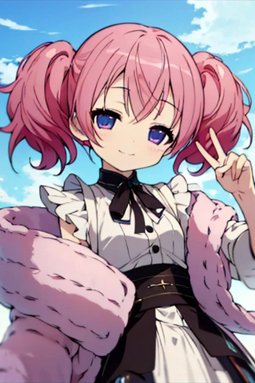 Absurd, Ultra-detailed,(solo:1.3)Bright colors, Very beautiful and detailed anime faces and eyes,(Little:1.4),Smile,short hair, , Asymmetrical bangs, Pink hair in short twin tails, Shiny Hair, Delicate and beautiful face,blue eyes, White skin, Barrette, Beautiful Clouds, Twilight Sky,peace sign、Open your mouth,(whole body:1.4)