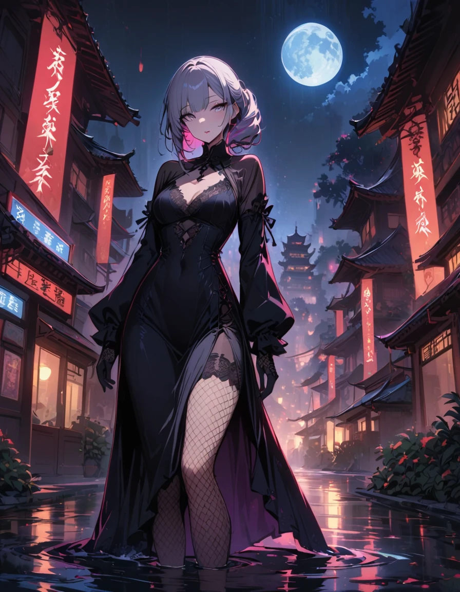 (masterpiece, best quality, highres), night, full moon, 1 adult female, solo, Chinese architecture, lake view, moon in the sky, nighttime, trees, ((tight night gown, black night gown)), royal sister, cold face, poker face, Woman with long silver hair, pale pink lips, Fishnet tights, Calm, Knowledgeable person, three bangs, lace gloves, grey eyes, facial details, beautiful eyes, eyes full of details),
