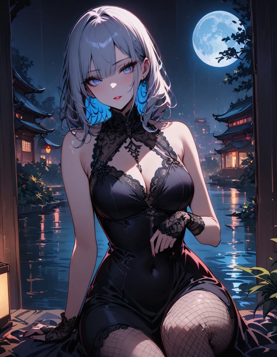 (masterpiece, best quality, highres), night, full moon, 1 adult female, solo, Chinese architecture, lake view, moon in the sky, nighttime, trees, ((tight night gown, black night gown)), royal sister, cold face, poker face, Woman with long silver hair, pale pink lips, Fishnet tights, Calm, Knowledgeable person, three bangs, lace gloves, grey eyes, facial details, beautiful eyes, eyes full of details), 