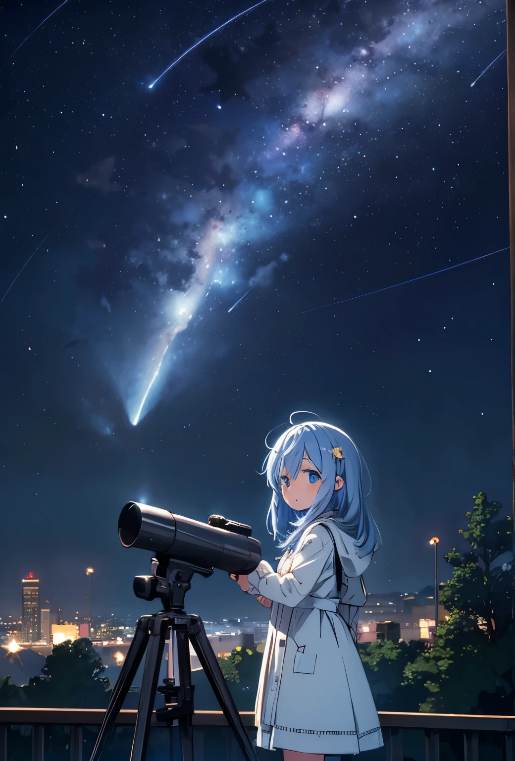 masterpiece, best quality, extremely detailed, anime, Girl, night sky, starry sky, many stars, ((comet star)), telescope, astronomical observation,