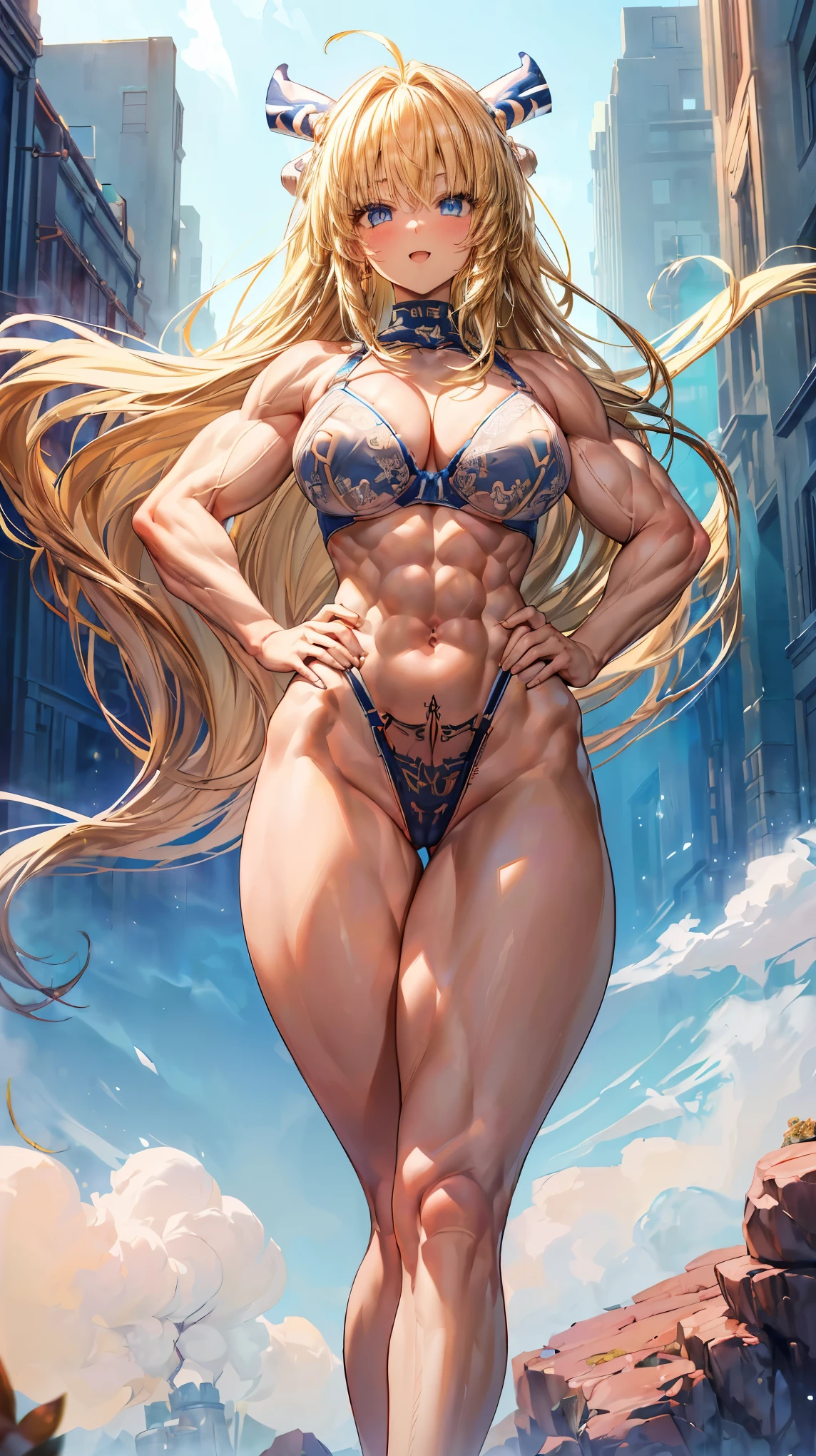 Very detailed、highest quality、Best image quality、masterpiece、8k、Anime Face、A kind smile、(Open your mouth:1.3)、Sparkling blue eyes、(Blonde semi-long hair:1.5)、(Muscles of the whole body:1.3)、(highleg:2.0)、Thigh belt、(Cowboy Shot:1.5)、(SFW Giant)、(Thick body:1.2)、(bra:1.5)、(sxspnts)、(Hands on hips:1.1)