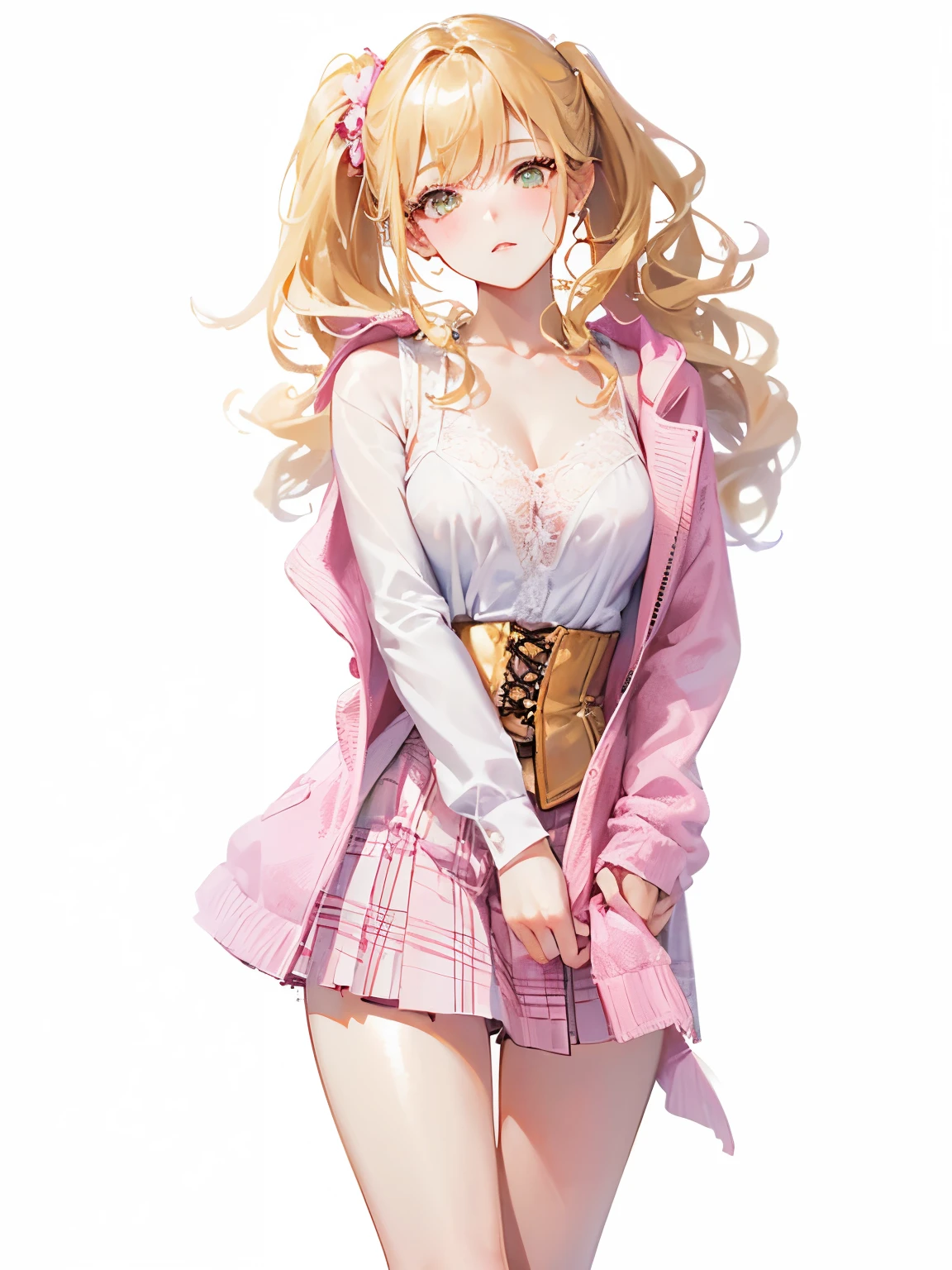 1 girl, Arrange pose,Top quality work,Show Legs,((short wavy Creamy Golden Blonde hair)),(Creamy Blonde hair),(short Two Ponytail Half Up),(wavy hair),(golden eyes), Rose cheeks, Pretty Face, A perfectly proportioned face, wearing pink corset and pink plaid skirt, white stockings,full-body view, amazing, Large round chest、Beautiful eye details、Beautiful eyelashes、beautiful double eyelid, with blush cheeks,