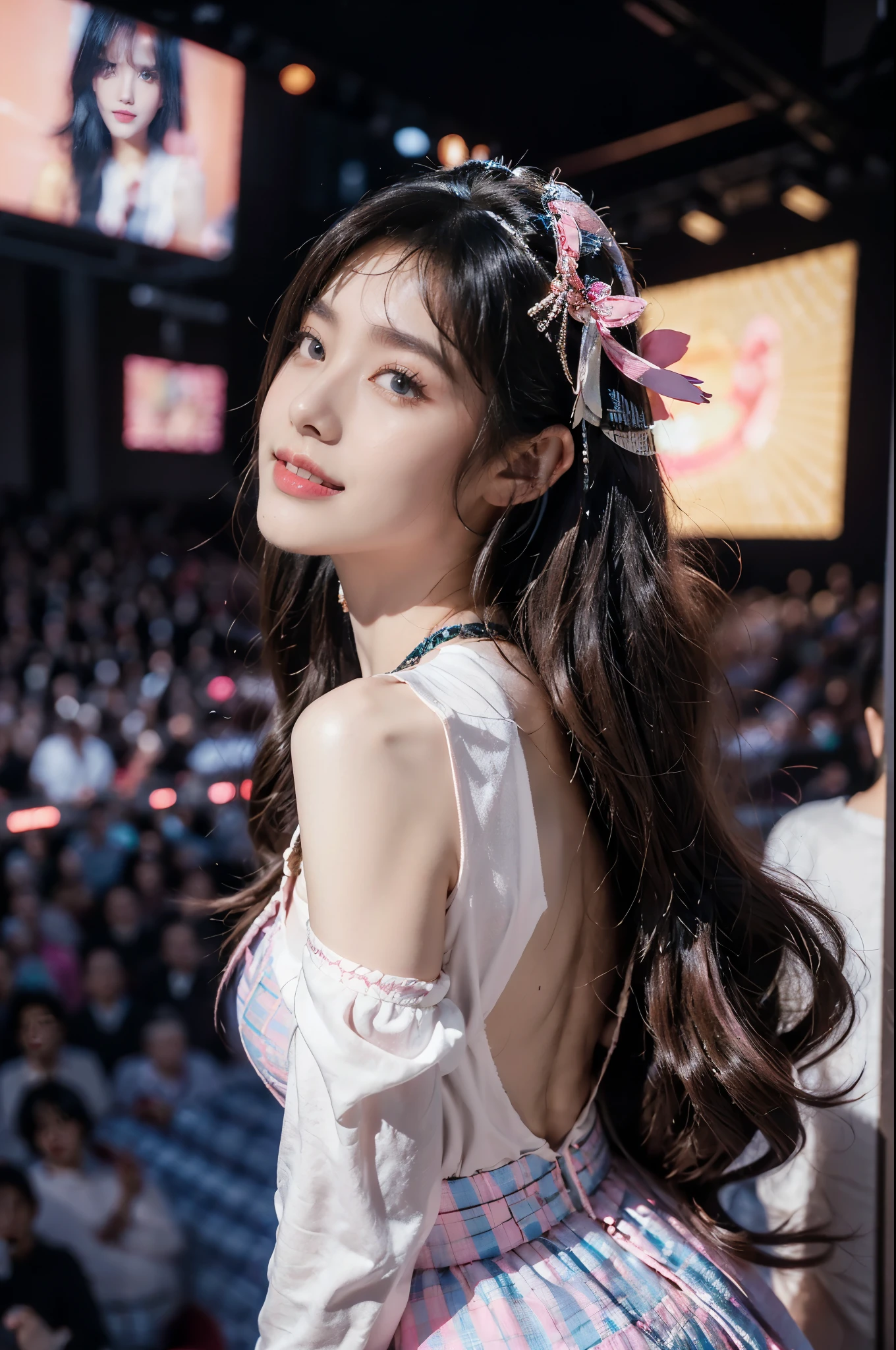 (Extremely meticulous CG),(((8k))),wallpaper,(Portrait above the chest:1.3),((Extremely refined and beautiful)),(((Masterpiece))),(((best qualtiy))),(((Ultra High Resolution))),beautiful light up,realistic shaded,(Smooth and flawless fair skin:1.5),(Extremely exquisite facial details:1.2),(ultra-detailed:1.5),((a beautiful girl,solo)),(Japanese age idol:1.3),(headdress flower:1.3),(shoulder length straight bob hair:1.2),(bangs:1.3),(small head:1.2),(slender face:1.2),(Exquisite makeup:1.3),(smiling:1.2),(laughing:1.2),(blush:1.5),(perfect body:1.1),(collar:1.2),(sleeves:1.3),(dazzling Pink blue checkered Idol dress:1.5),(underwear:1.3),((slim,thin)),(bare back:1.3),(towering butts:1.3),(butt crack:1.5),(from back:1.3),(standing:1.3),(In the gorgeous theater:1.3),(on the stage:1.5),(lively atmosphere:1.3),(indoor:1.3),(colorful neon lights:1.3),(Cyberpunk style:1.3),(detailed background:1.5),(night scene:1.5),(upper body:1.3),